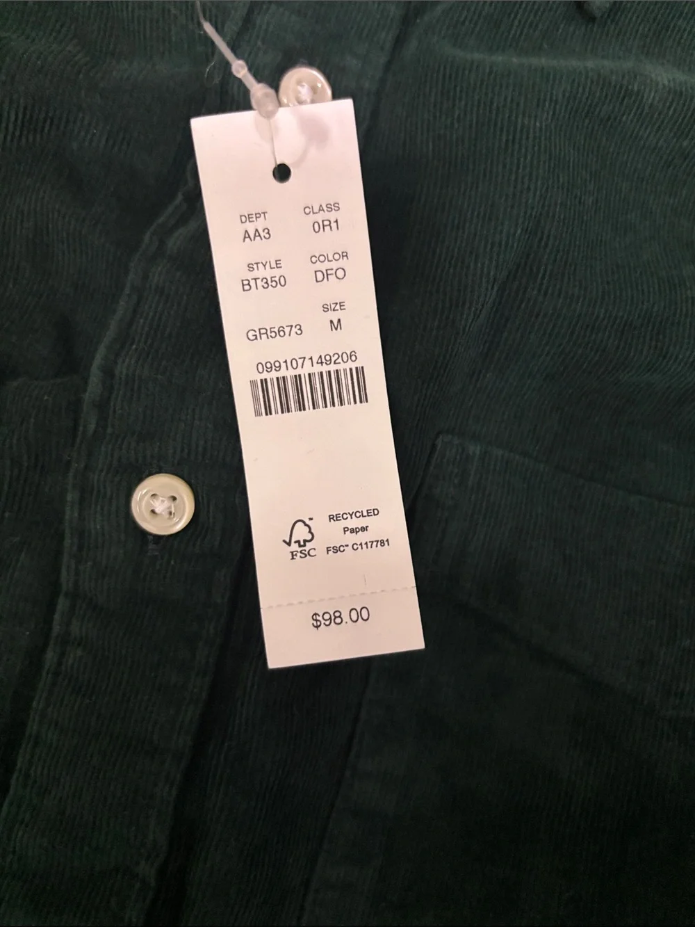 J Crew Fine-wale corduroy shirt BT350